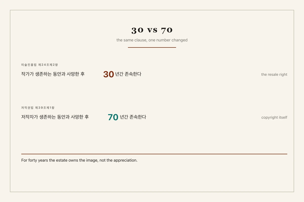 The two clauses set side by side: 미술진흥법 제24조제2항 says the resale right lasts while the artist lives and for 30 years after death; 저작권법 제39조제1항 says copyright lasts for 70 — for forty years the estate owns the image, not the appreciation